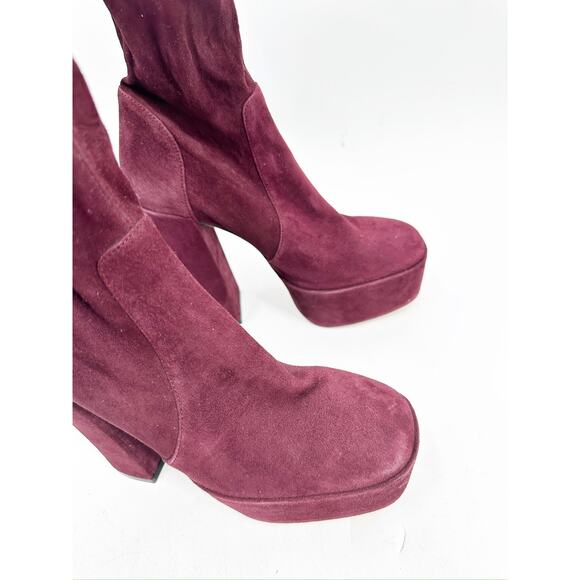 Stuart Weitzman Sky High Platform Heeled Suede Ankle Booties Cabernet Red Size 7 - Picture 5 of 5